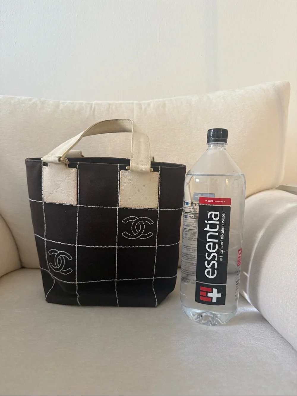 CHANEL Black Tote with Cream Handles and Grid Stitch